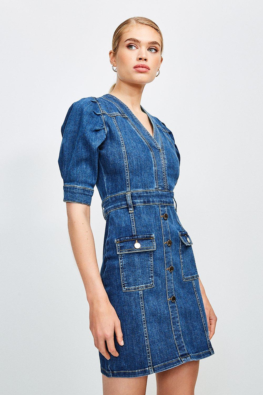 Puff Sleeve Button And Pocket Denim Dress Karen Millen 